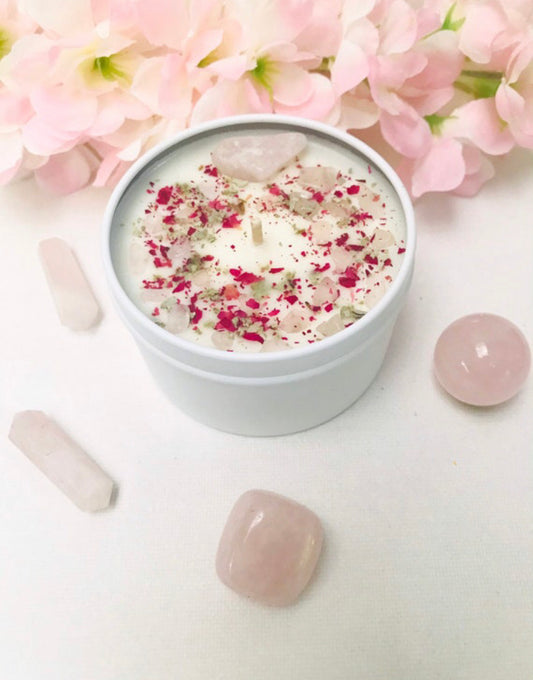 Rose quartz crystal candle